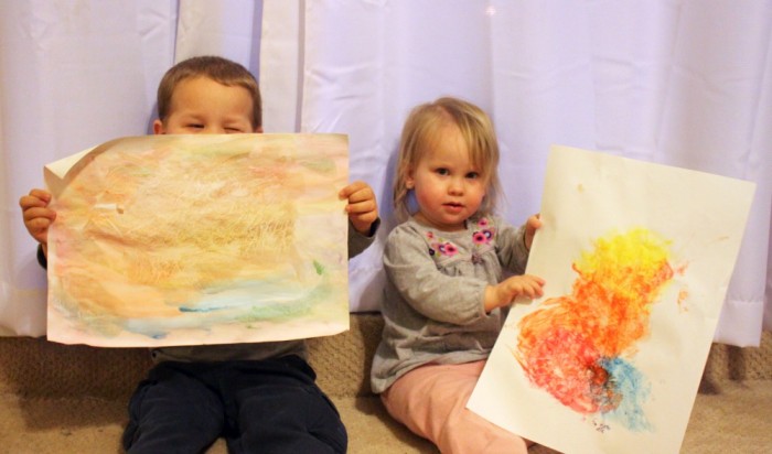 kids with their cling wrap paintings