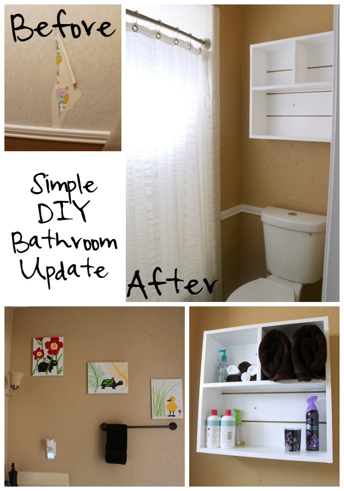 Simple DIY Bathroom Update  - removing wallpaper, texturing walls, painting, DIY Utility Box Shelf