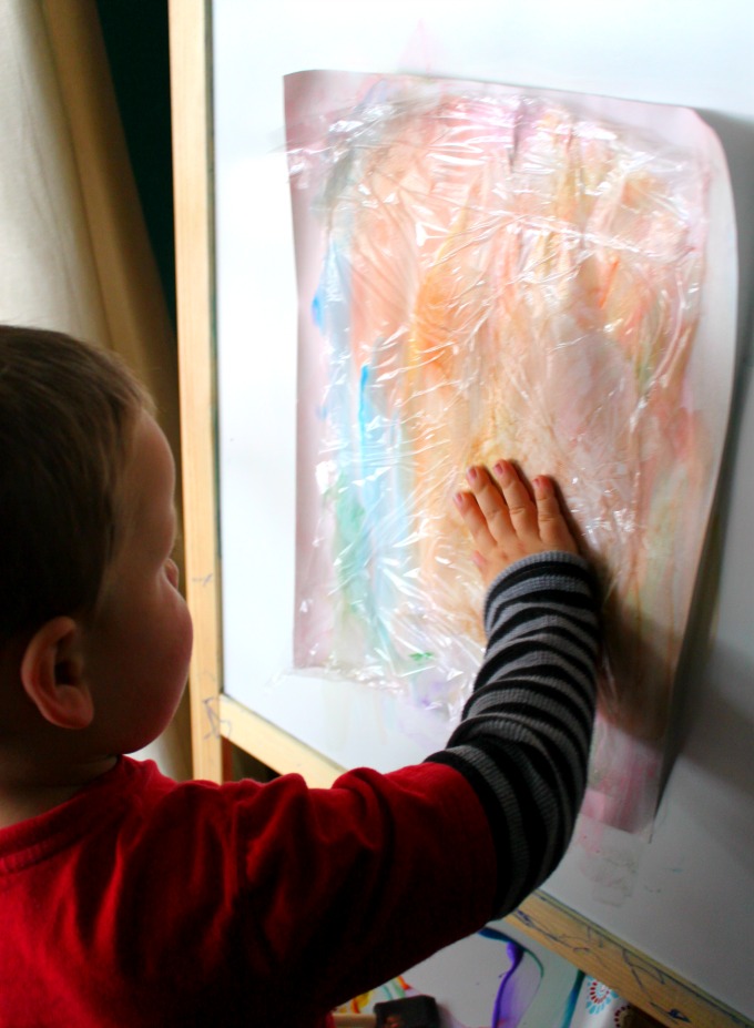 painting with cling wrap process for preschool
